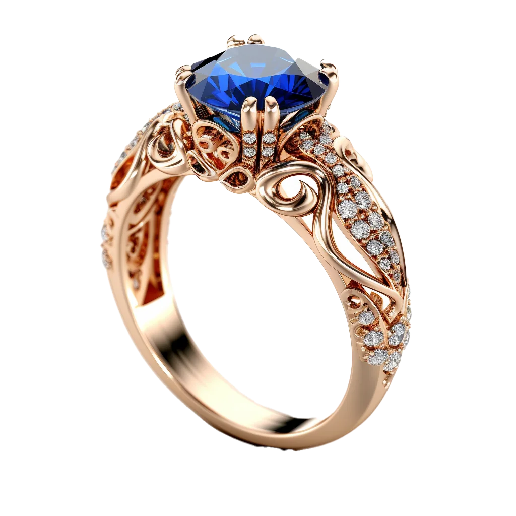 Ornate Rose Gold Blue Sapphire Engagement Ring Free PNG