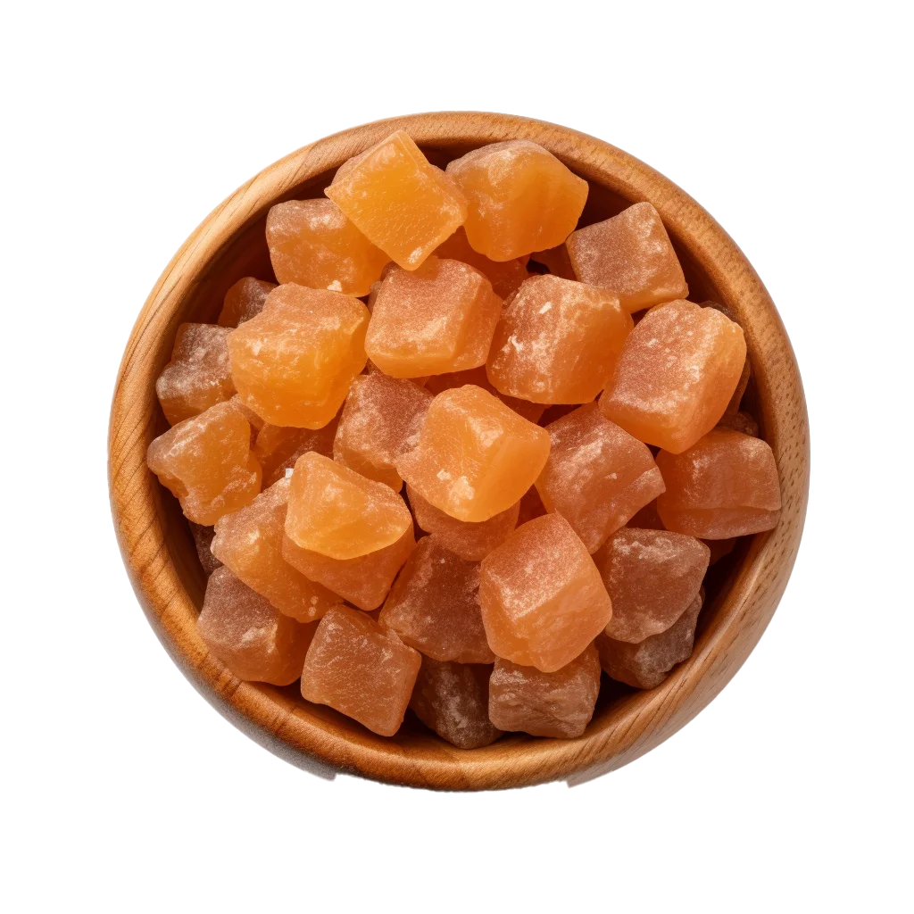 Dried Mango Candy Fruit Cubes In Wooden Bowl Cutout Free PNG