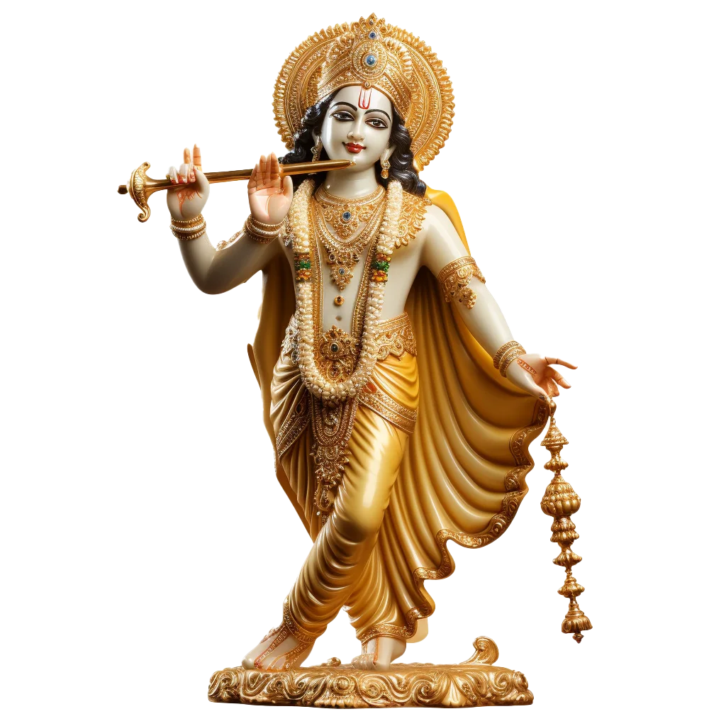 Ornate Golden Lord Krishna Statue Playing Flute Free PNG