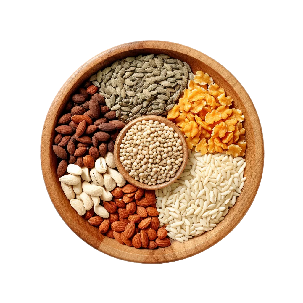 Assorted Healthy Grains And Seeds In Wooden Bowl Free PNG
