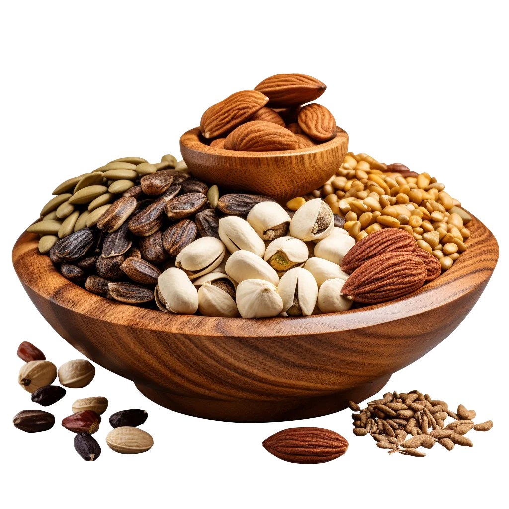 Assorted Healthy Nuts In Carved Wooden Bowl Free PNG