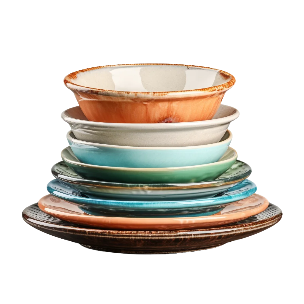 Stack of Colorful Ceramic Dishes and Bowls Free PNG