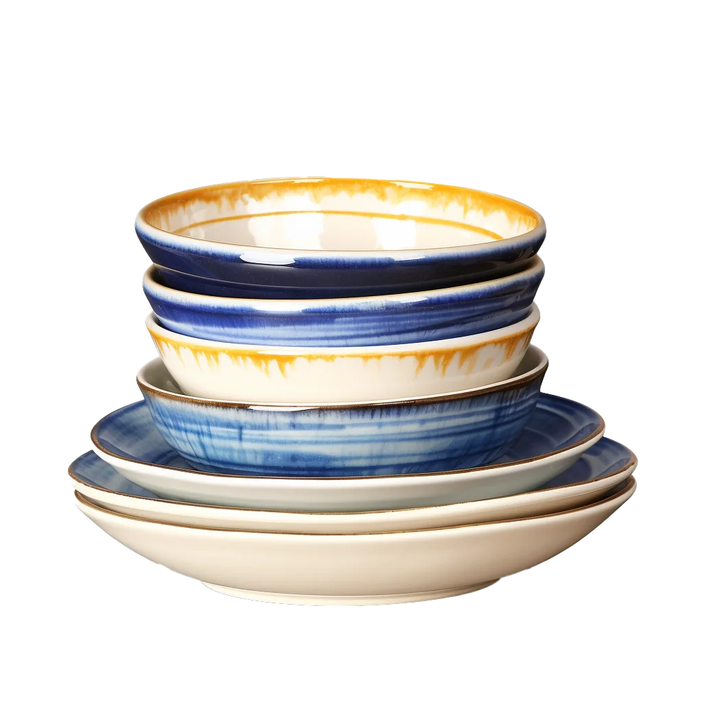 Stacked Blue Rim Ceramic Plates Set Free PNG