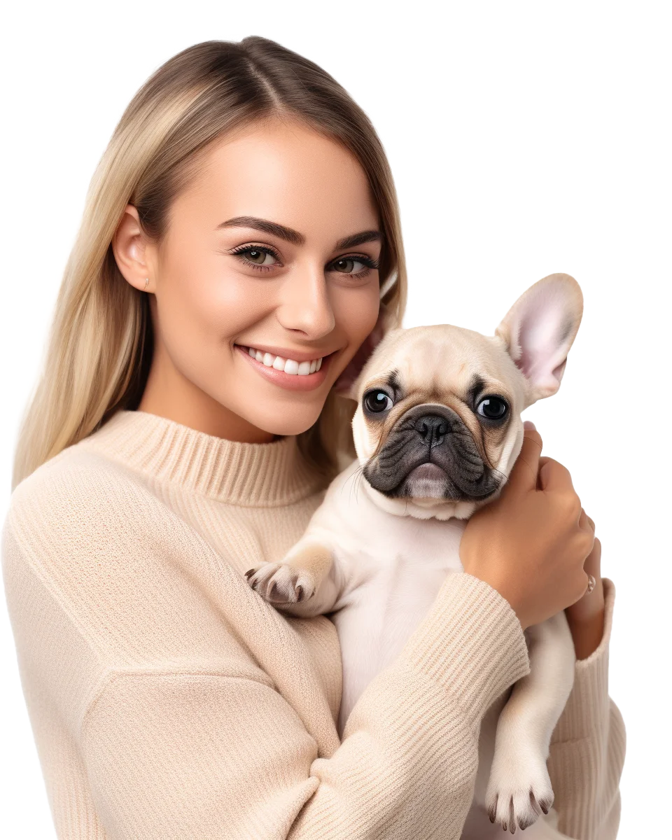 Happy Woman Holding Fawn Frenchie Pup Free PNG