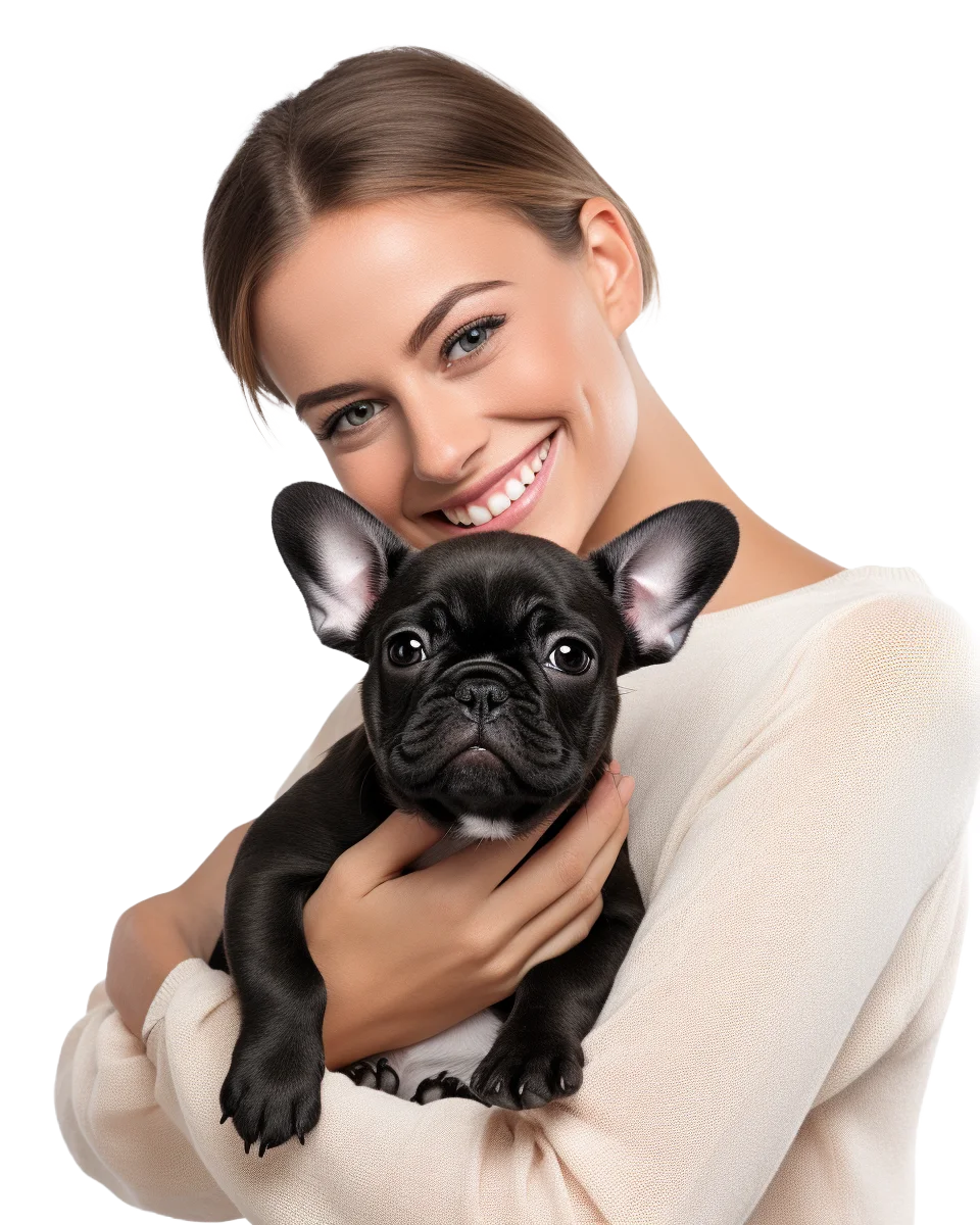 Smiling Woman Cuddling Black Frenchie Free PNG