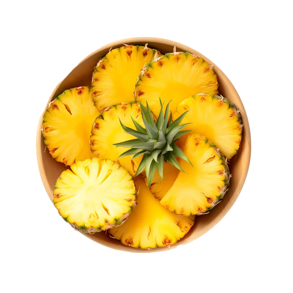 Fresh Cut Pineapple Slices in Wooden Bowl Free PNG