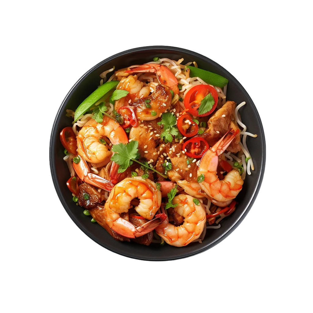 Spicy Cooked Garlic Shrimp Dish in Black Bowl Free PNG