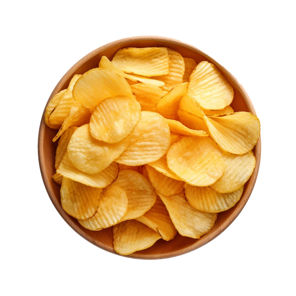 Golden Potato Chips in Wooden Bowl Free PNG