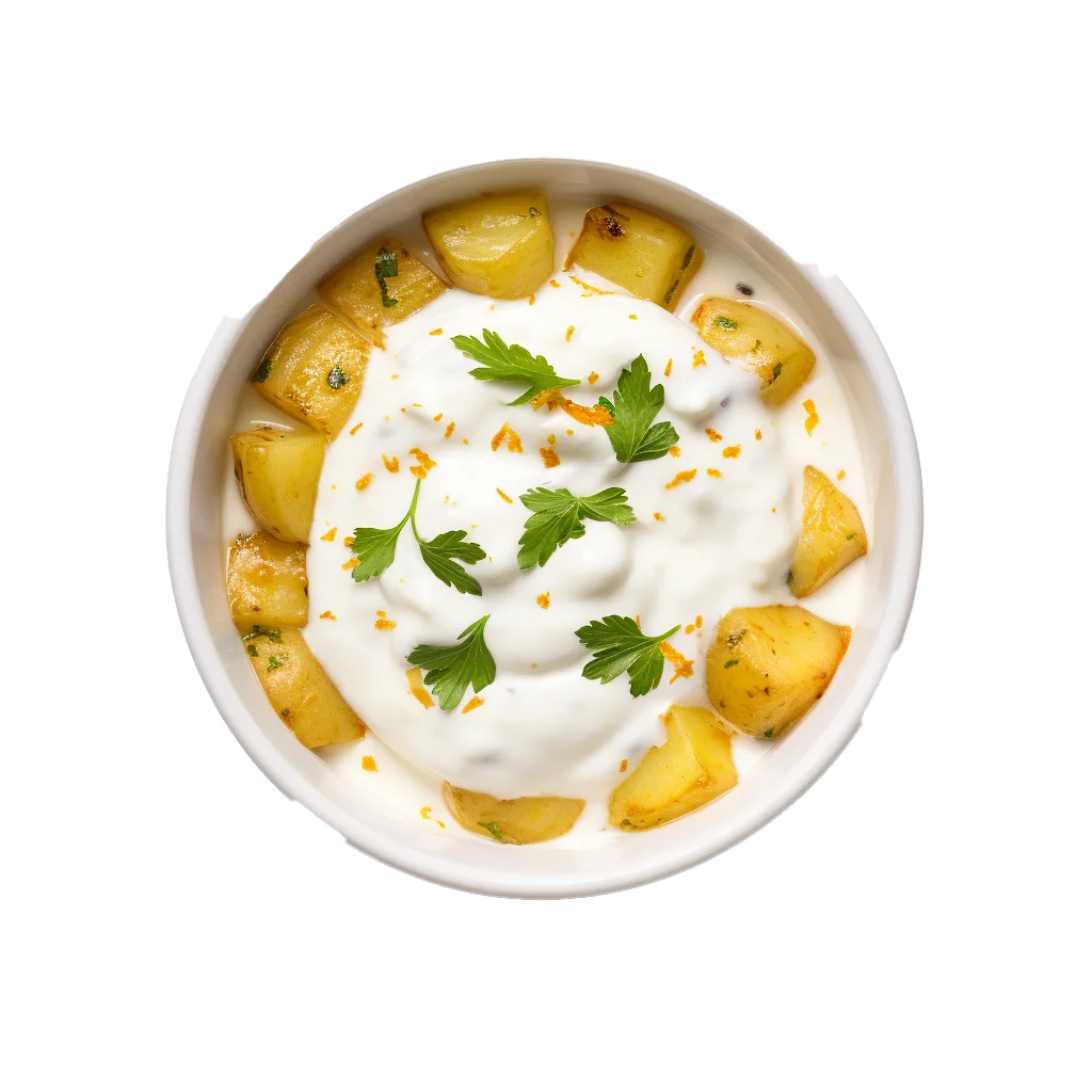 Golden Dumplings in Creamy Yogurt Sauce Free PNG