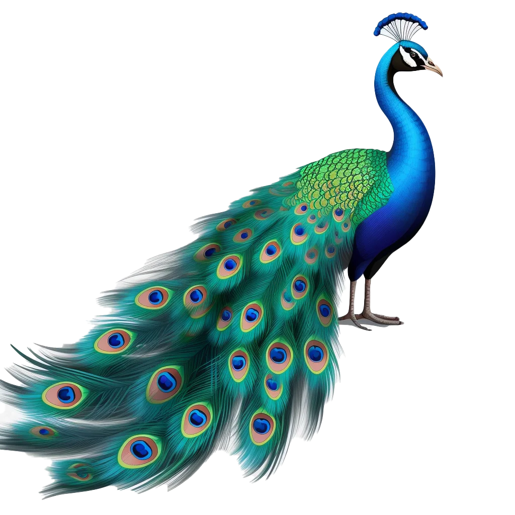 Majestic Blue Peacock Standing with Long Feathers Free PNG