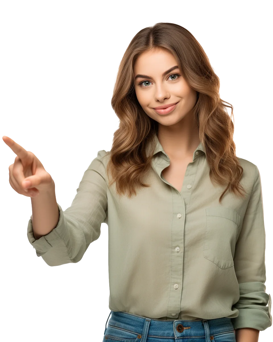 Young Woman in Khaki Shirt Pointing Finger Left Free PNG
