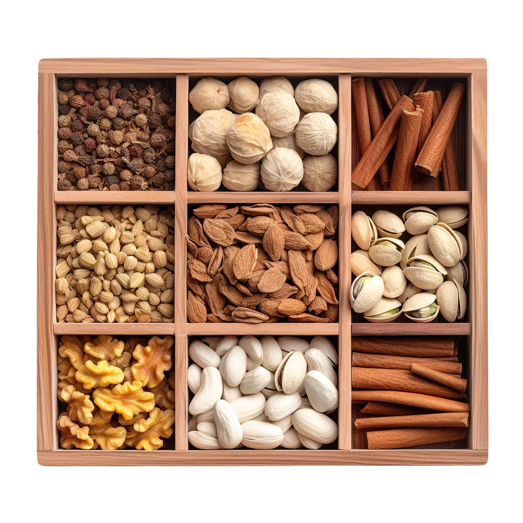 Assorted Whole Spices in Wooden Tray Free PNG