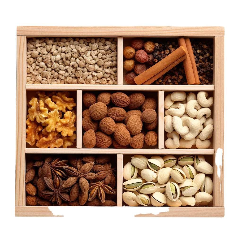 Assorted Nuts in Wooden Compartment Box Free PNG