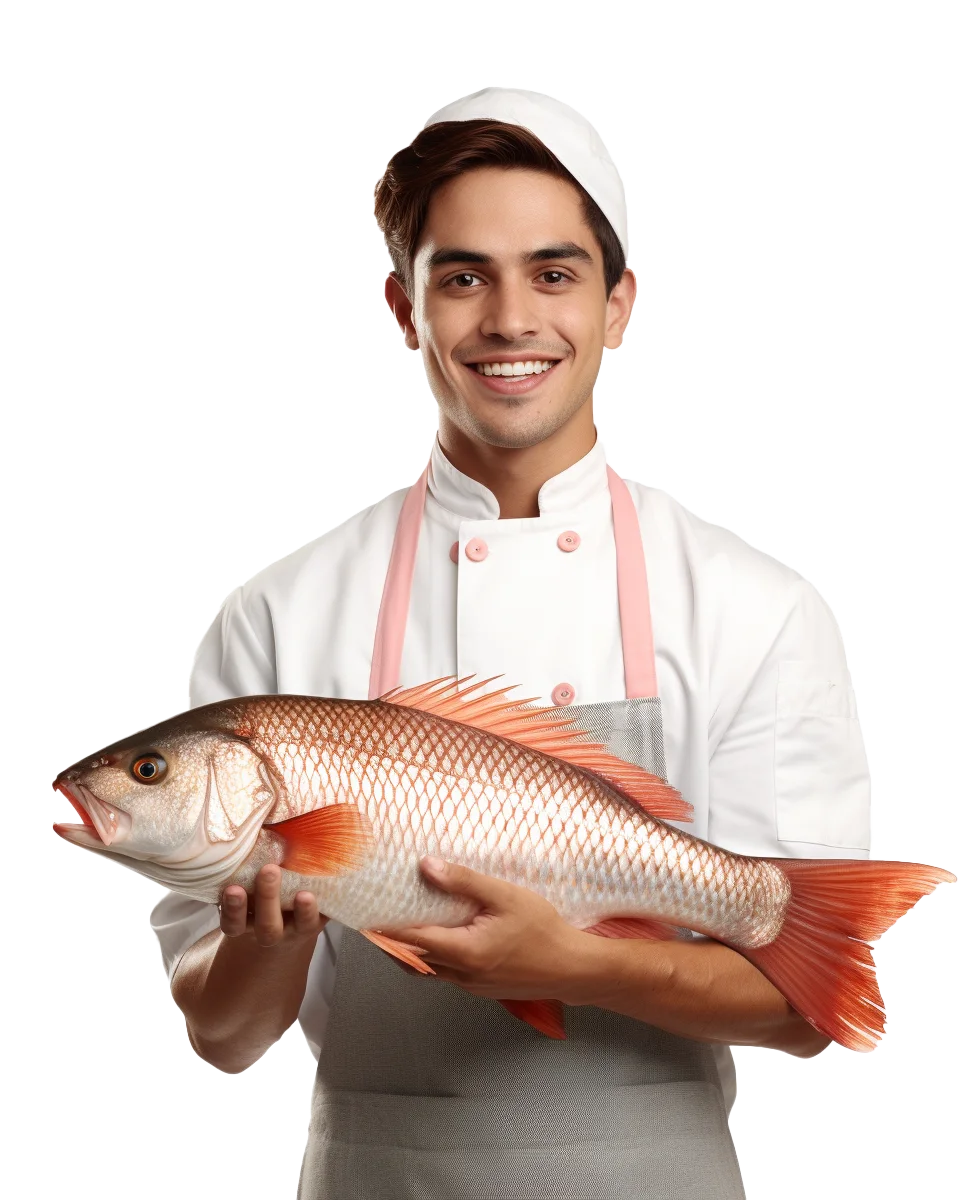 Young Smiling Cook with Fresh Fish Free PNG