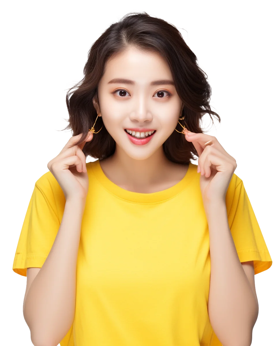 Playful Asian Girl in Yellow Tee Free PNG