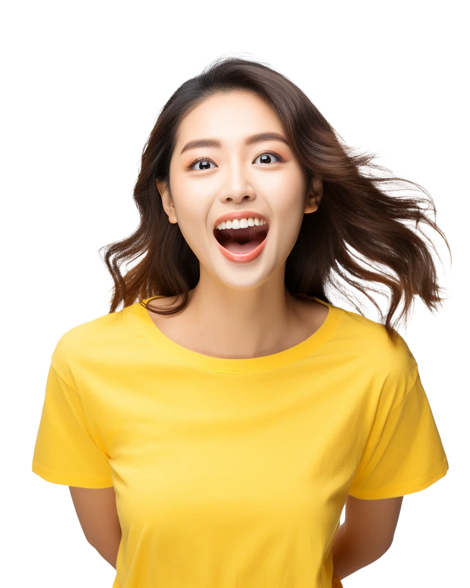 Asian Woman in Yellow Shirt Cheering Free PNG