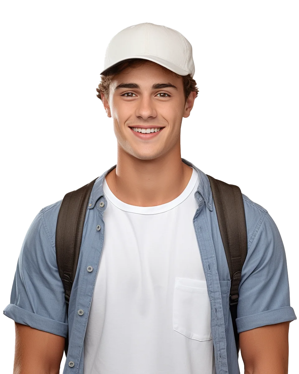 Young Man with White Cap and Backpack Free PNG