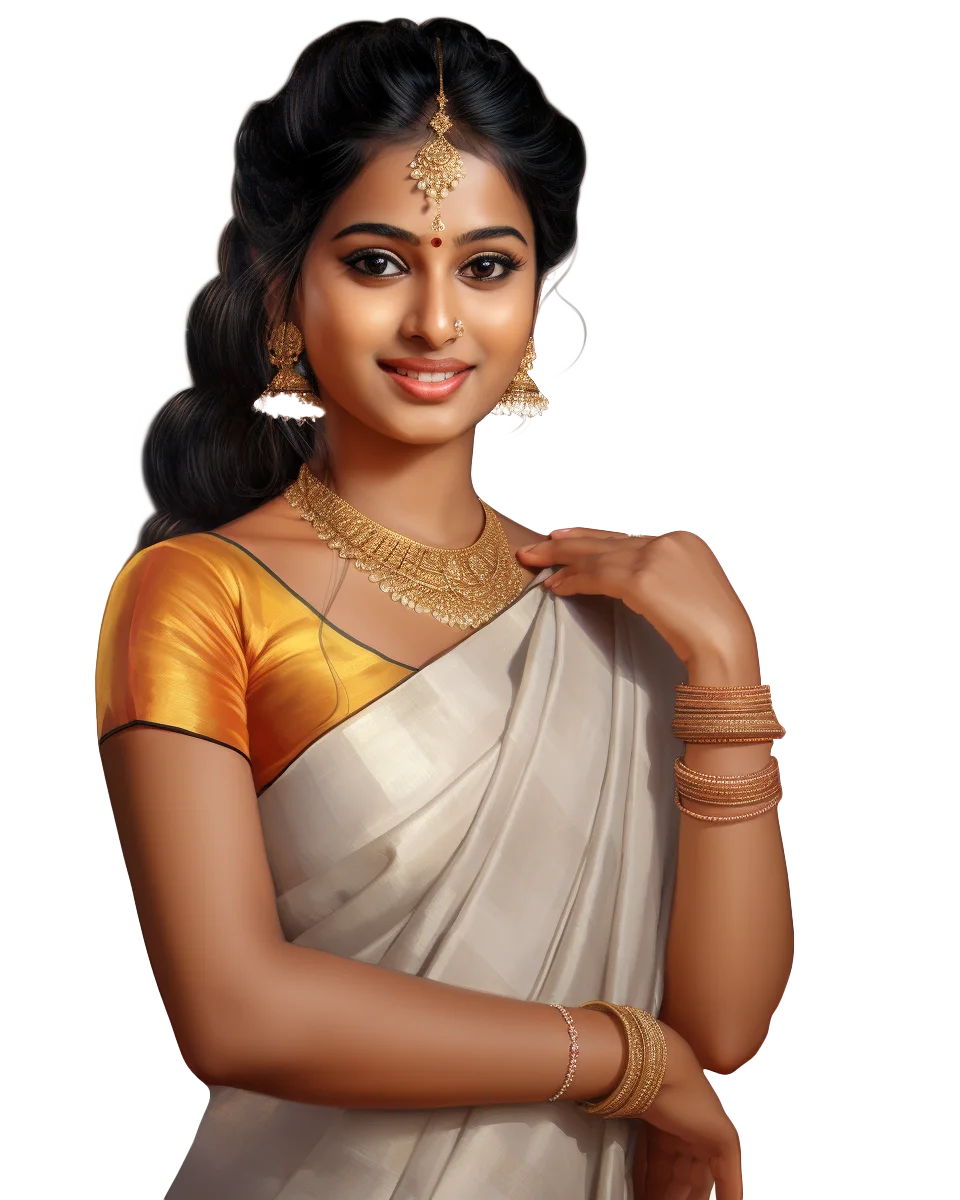 Indian Woman in Gold Silk Saree Free PNG