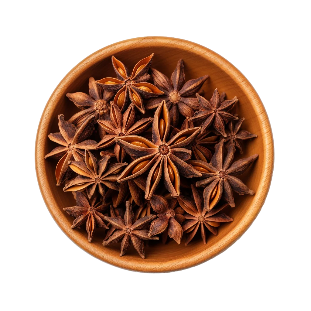 Dried Star Anise Pods in Wooden Spice Bowl Free PNG