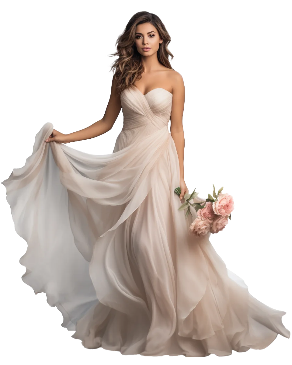Gorgeous Bride Standing in Flowing Wedding Dress Free PNG