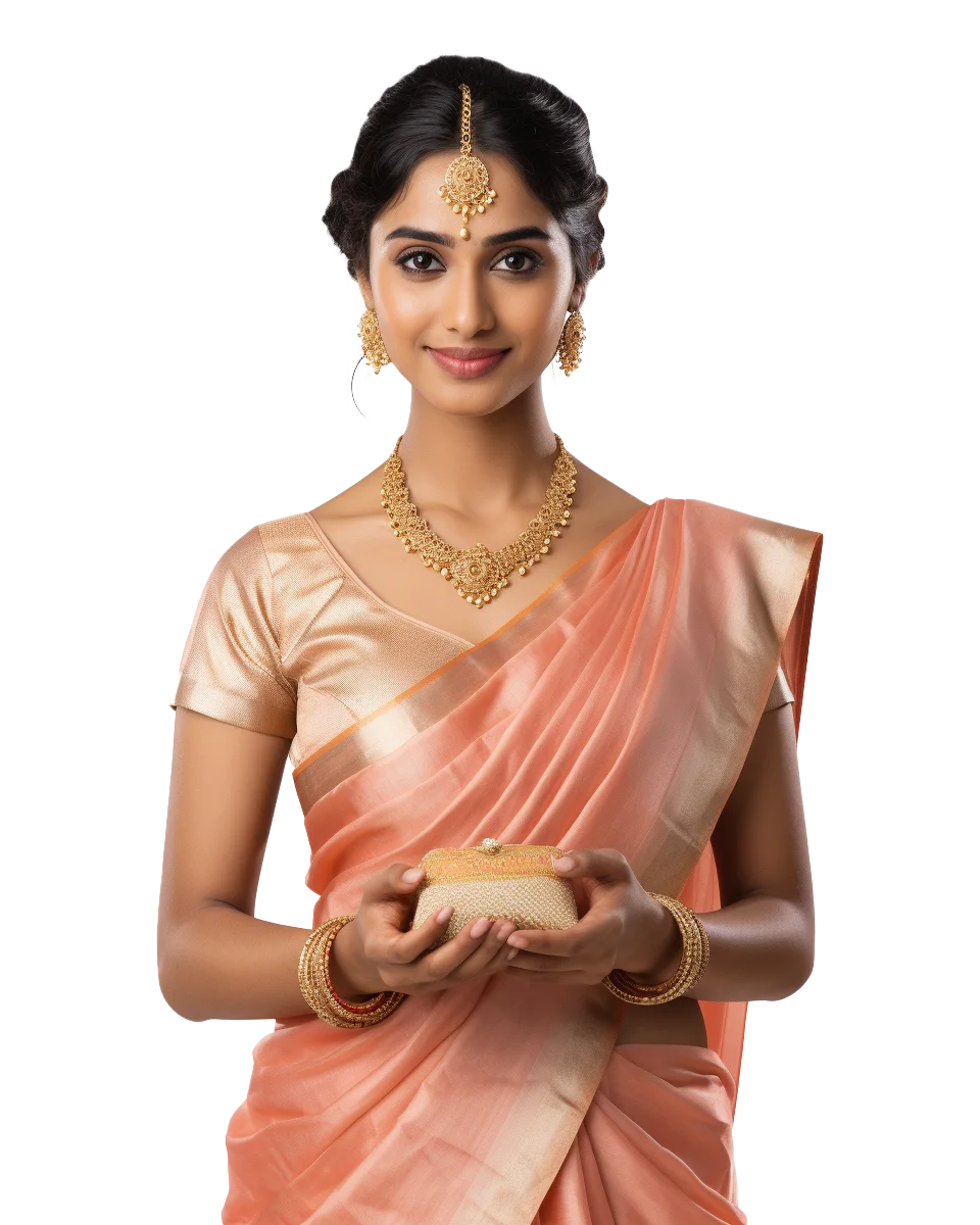 Indian Woman in Silk Saree with Traditional Diya Free PNG