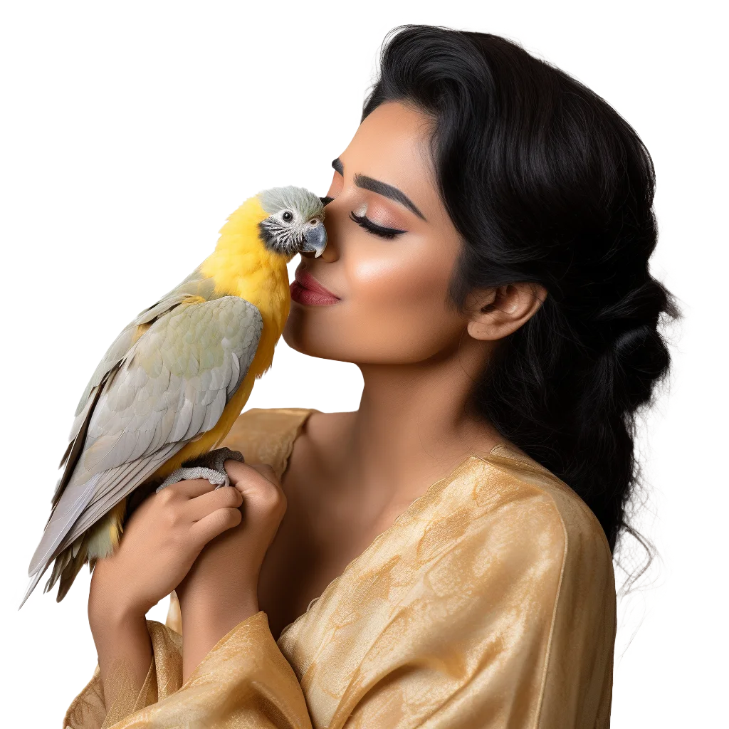 Elegant Woman with Pet Parrot on Shoulder Free PNG