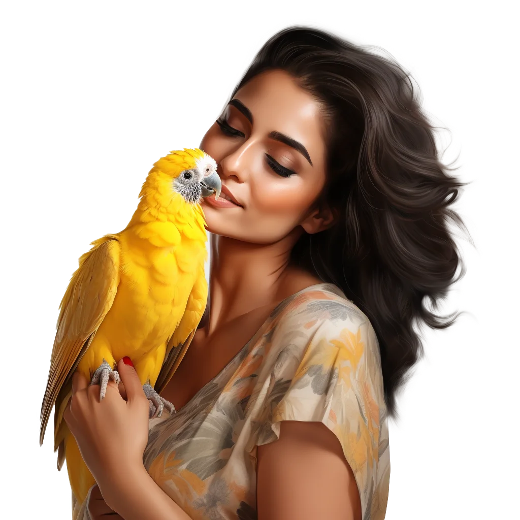 Smiling Woman Posing with Yellow Pet Parrot Free PNG