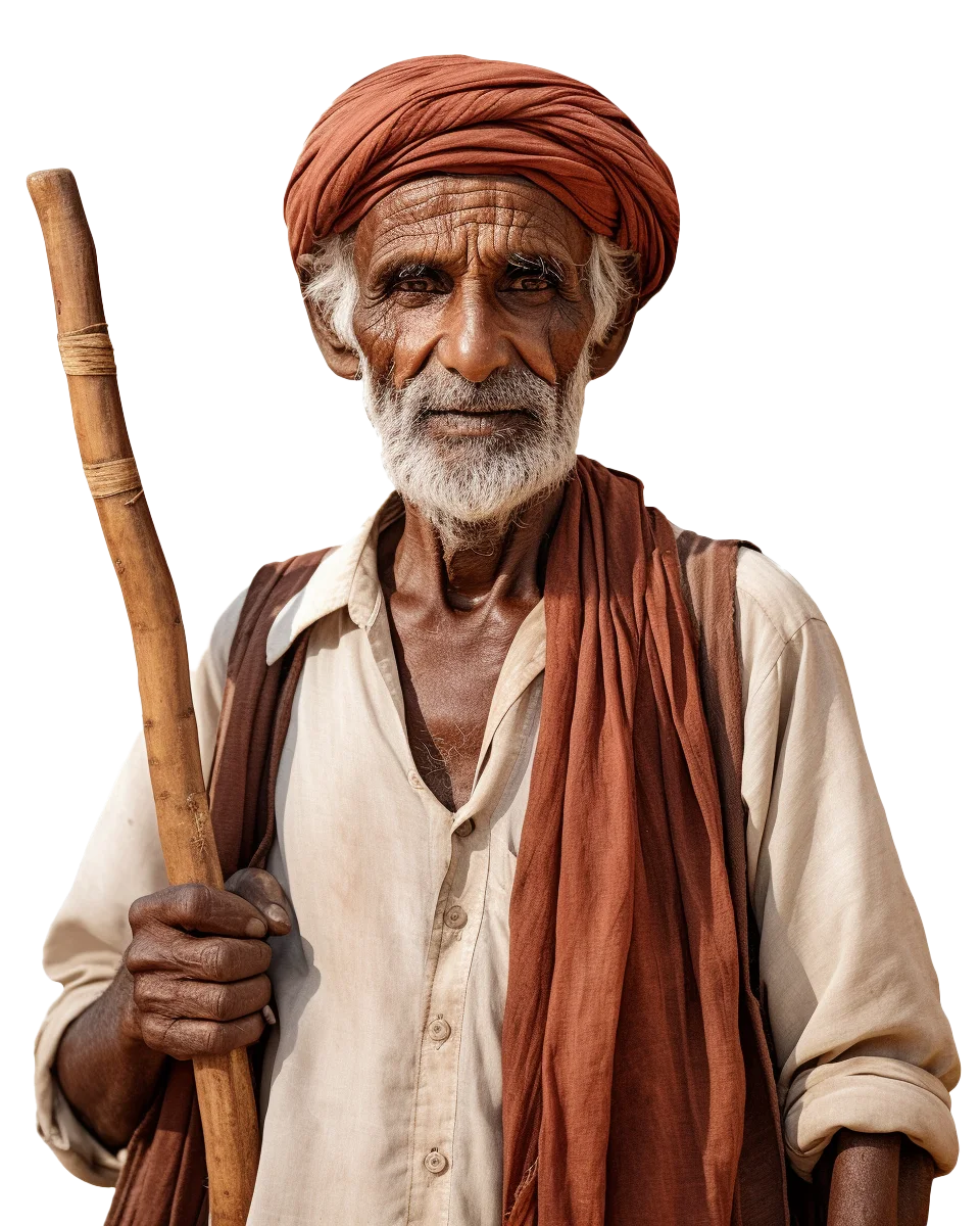 Elderly Indian Farmer with Walking Stick Turban Free PNG