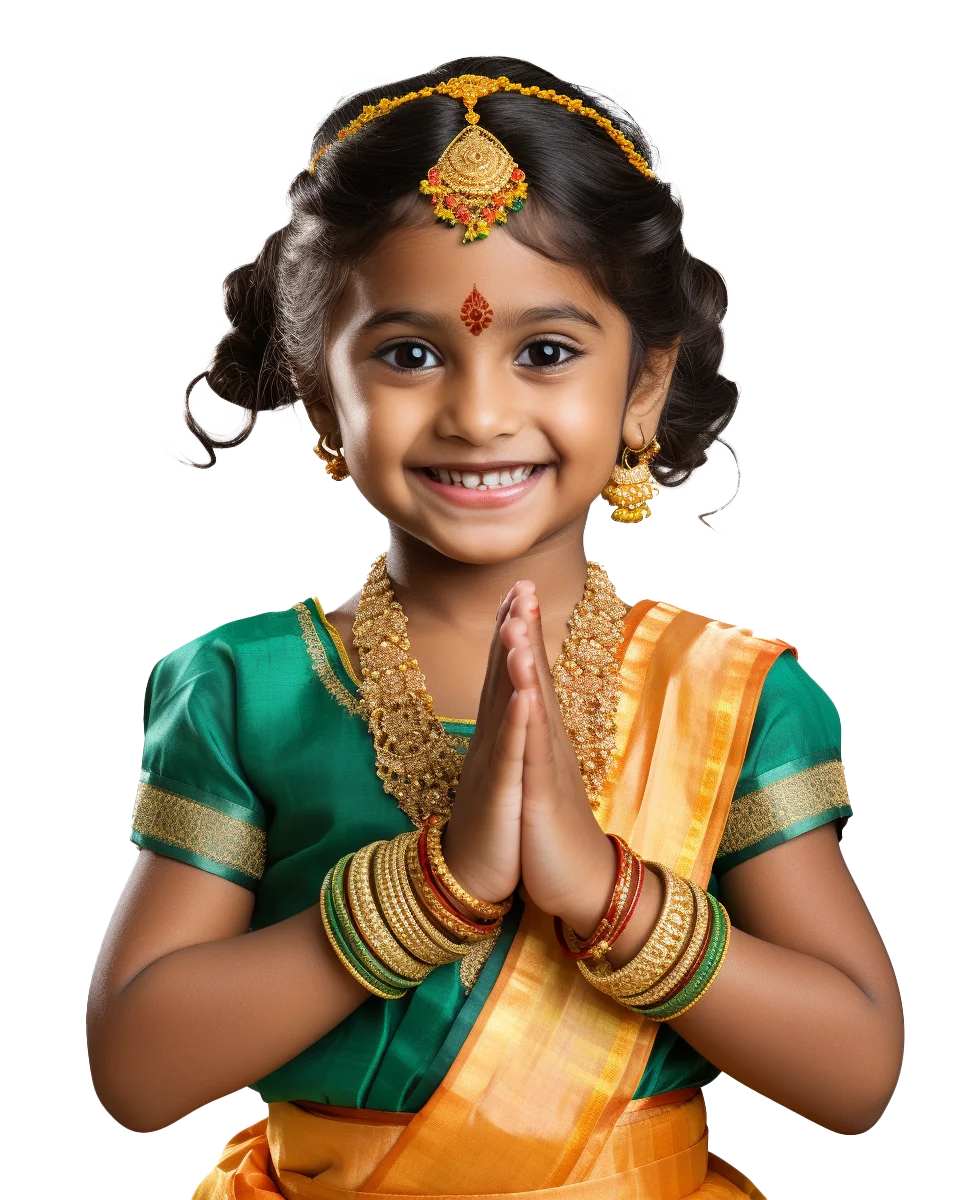 Little Indian Girl in Green Saree Namaste Free PNG
