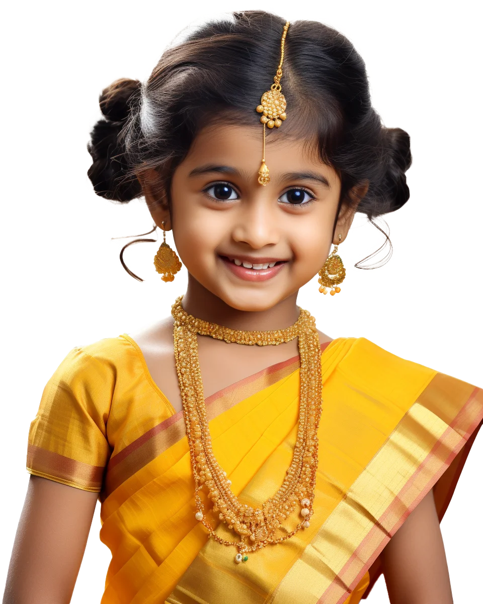 Cute Indian Girl in Traditional Yellow Saree Free PNG