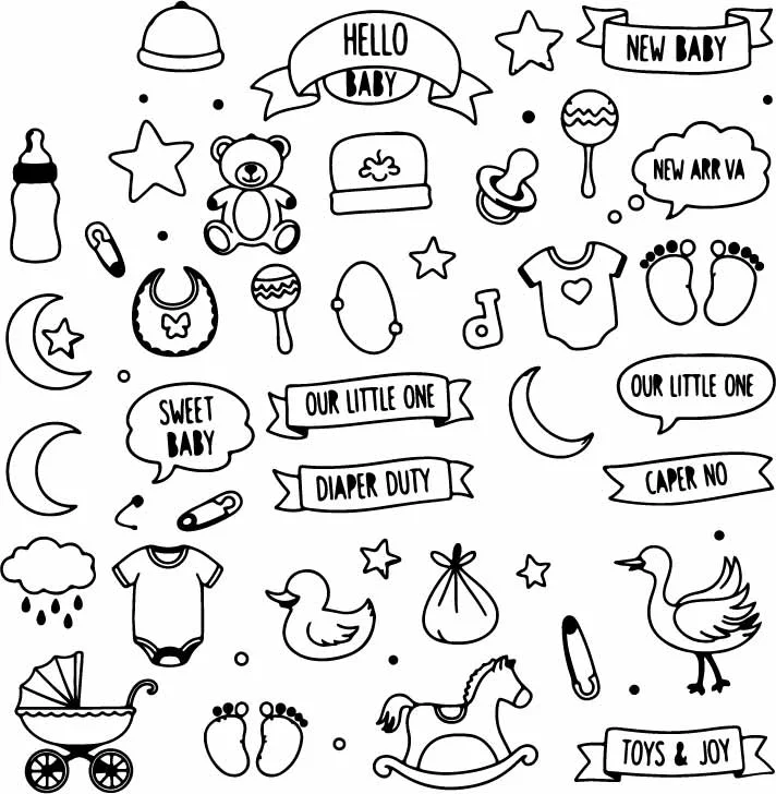 Baby Shower Newborn Essentials Free Vector Doodle Set