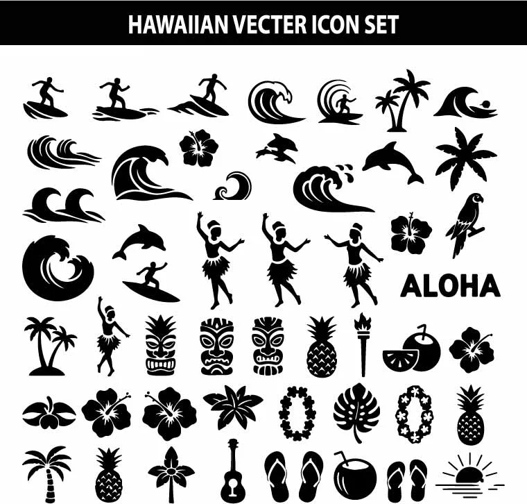 Hawaiian Surf and Tropical Free Vector Silhouette Pack