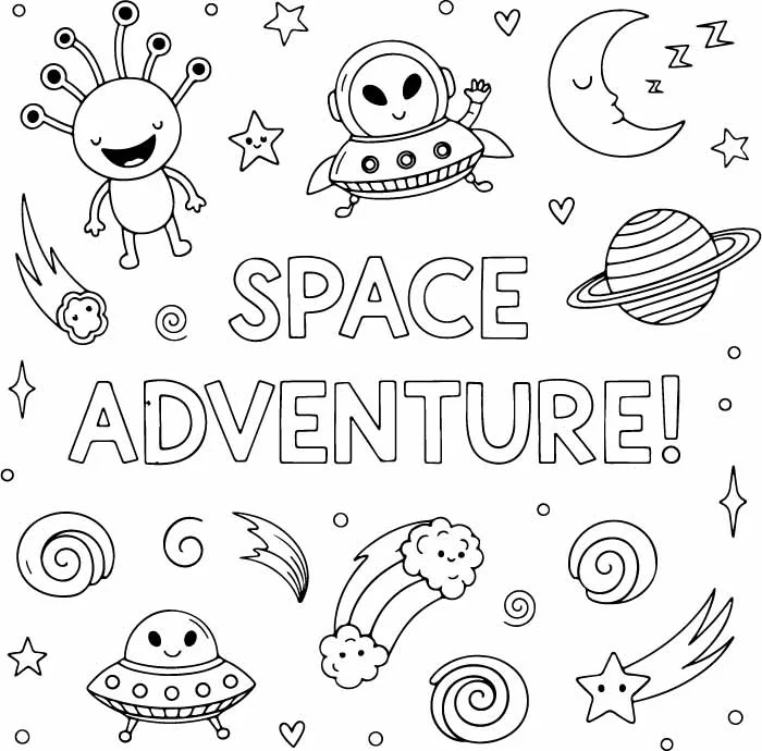 Space Adventure Alien Cartoon Free Vector Doodle Set