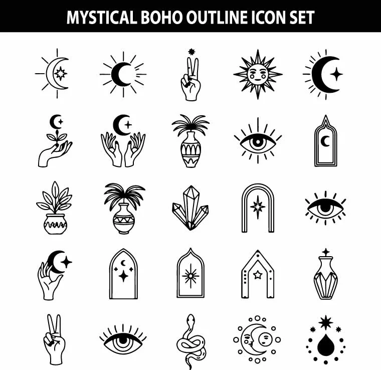 Mystical Boho Magic Outline Free Vector Icon Set