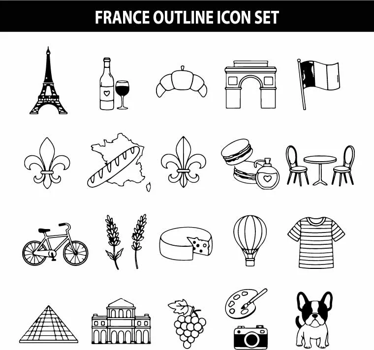 Paris France Travel Outline Free Vector Icon Set
