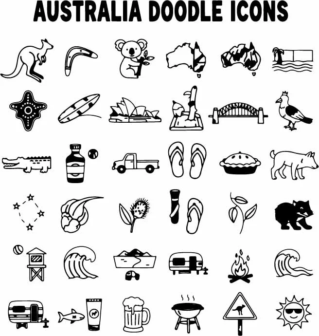 Australia Travel Doodles Free Vector Icon Set
