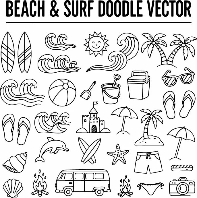 Beach Summer Vacation Surf Free Vector Doodle Art