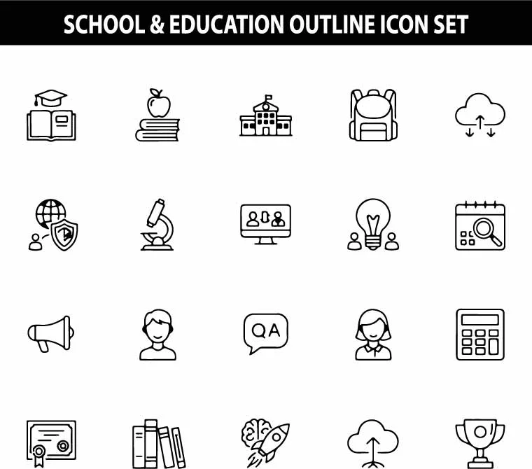School and Education Outline Free Vector Icon Set