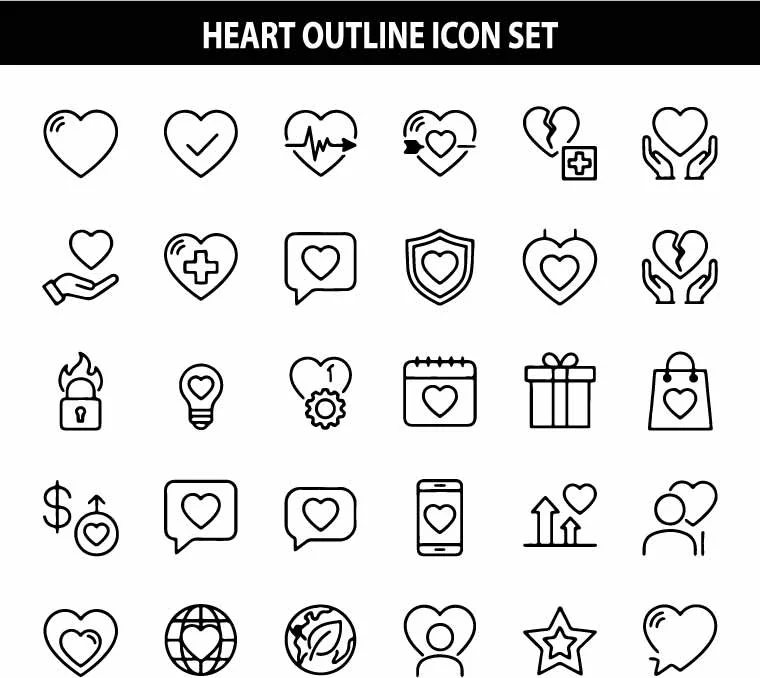 Heart and Love Outline Icon Set Free Vector Art