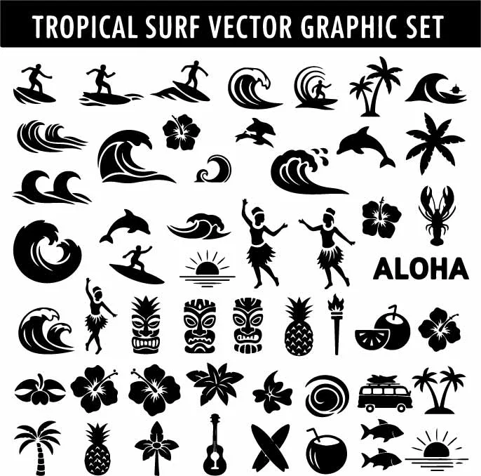 Tropical Surf and Beach Summer Free Vector Graphic Set