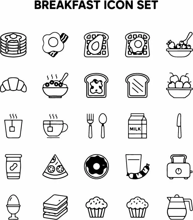 Breakfast Food and Morning Drinks Free Vector Icon Set