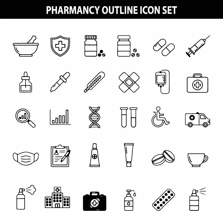 Pharmacy and Medical Outline Icon Free Vector Set