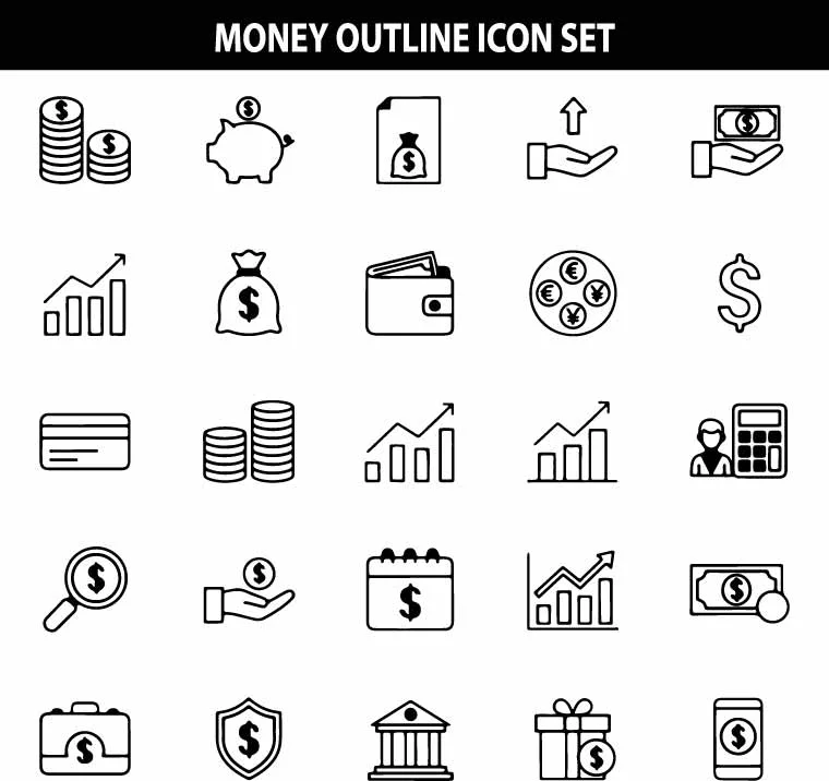 Money and Finance Outline Icon Free Vector Set