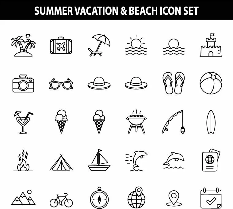 Summer Beach Vacation Outline Free Vector Icon Set