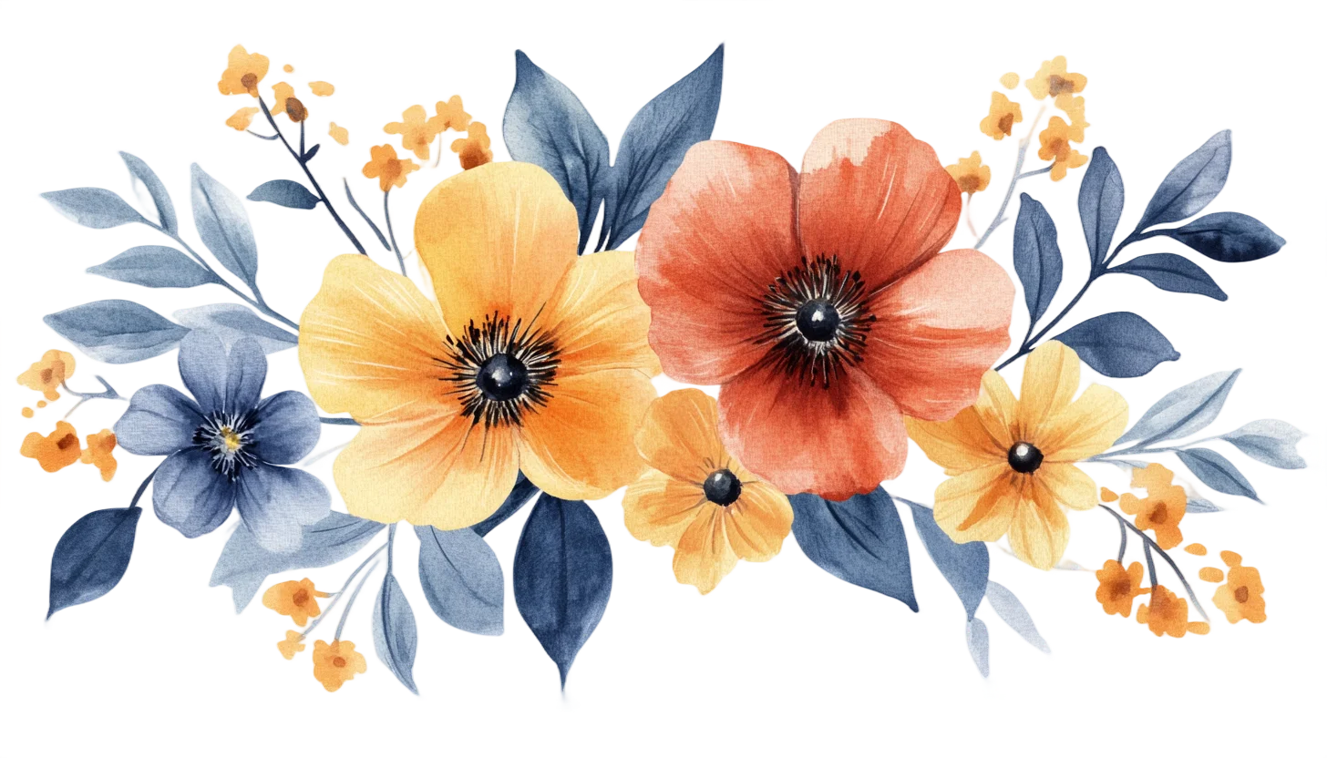 Warm Watercolor Flower Bouquet with Blue Leaves Free PNG
