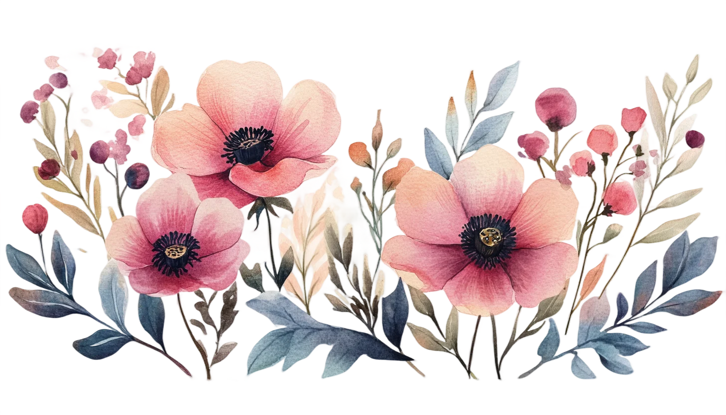Watercolor Pink Poppy Floral Horizontal Garland Free PNG