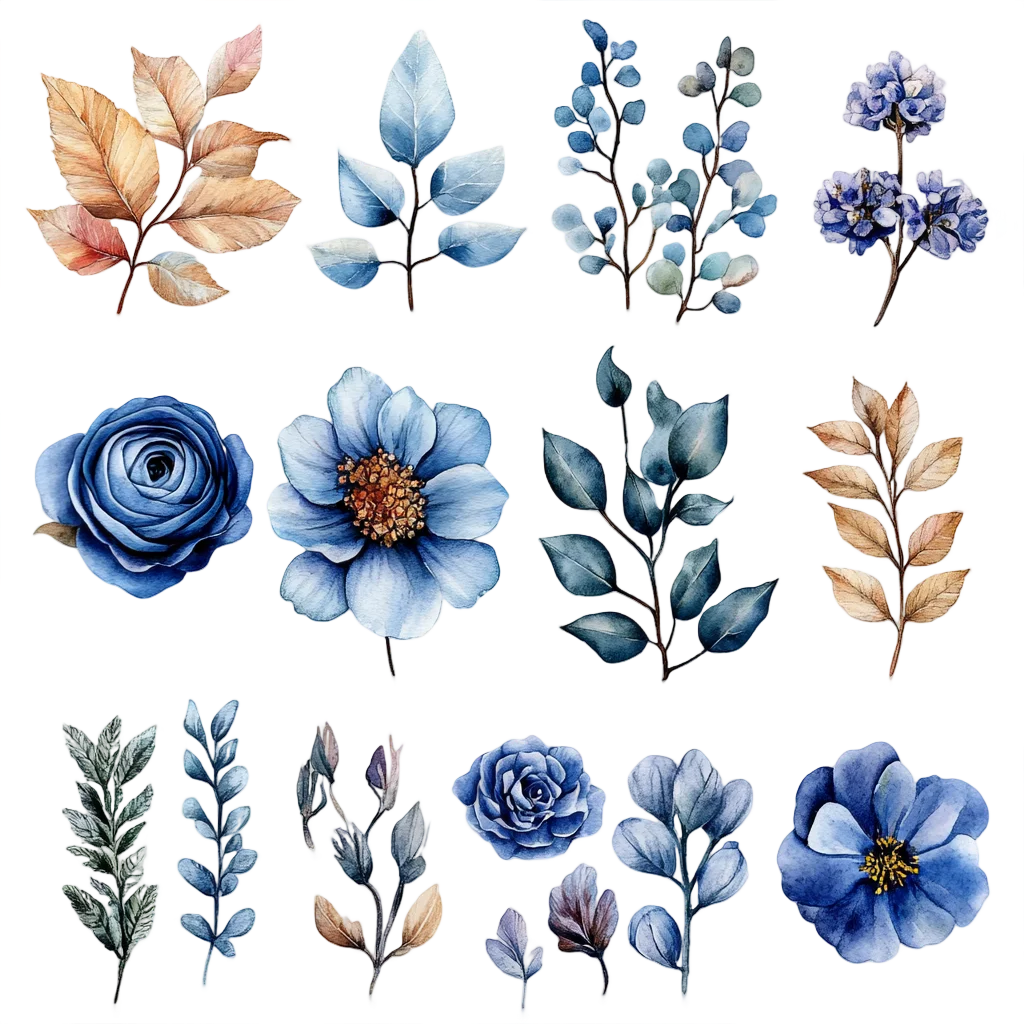 Blue Watercolor Floral Elements Leaf Sprigs Set Free PNG