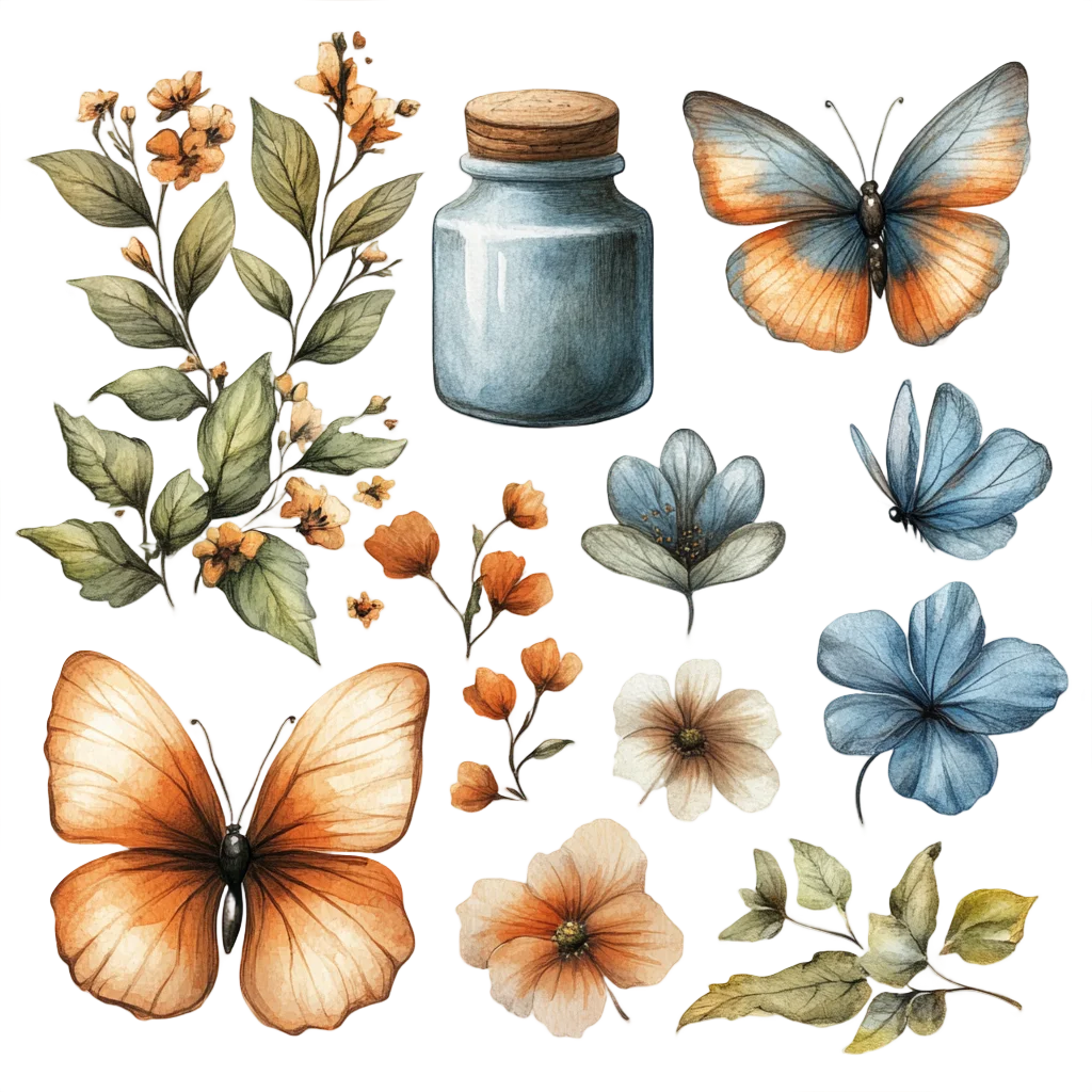 Rustic Botanical Herb Jar and Butterfly Clipart Free PNG