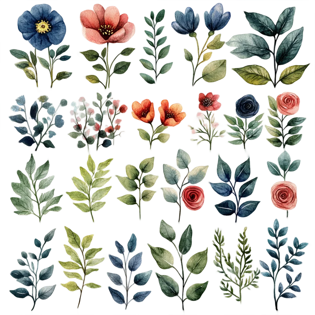 Watercolor Floral Leaf Elements Clipart Pattern Free PNG