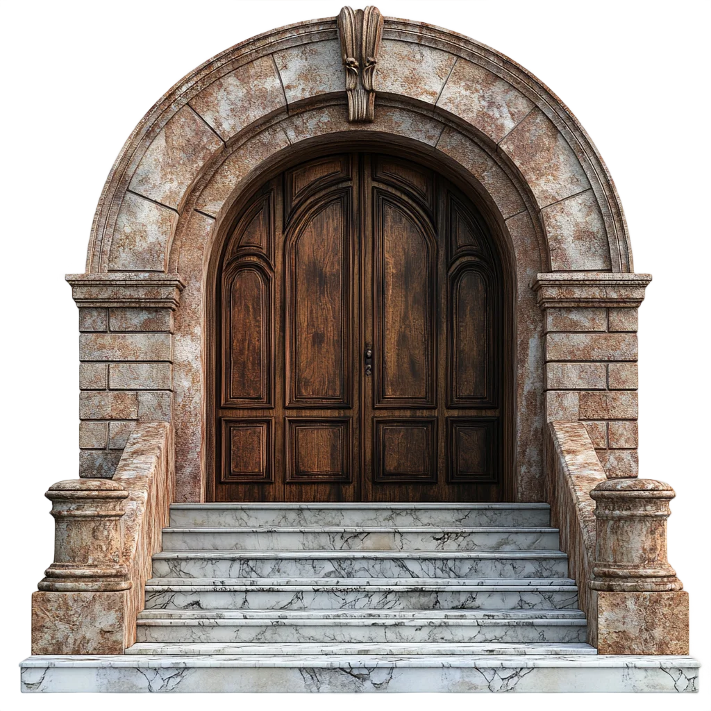 Arched Stone Portal with Wooden Door and Steps Free PNG